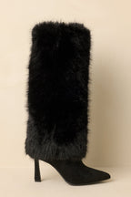 Women's Fine Point Black Faux Fur and Suede Pointed Toe Stiletto Boots | Heel measures 3.5" 3
