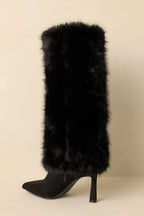 Women's Fine Point Black Faux Fur and Suede Pointed Toe Stiletto Boots | Heel measures 3.5" 7