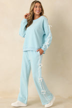 Women's Fit To Be Tied Aqua Blue Tie Detail Wide Leg Sweatpants | 82% Cotton & 18% Polyester 1