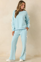 Women's Fit To Be Tied Aqua Blue Tie Detail Wide Leg Sweatpants | 82% Cotton & 18% Polyester 2