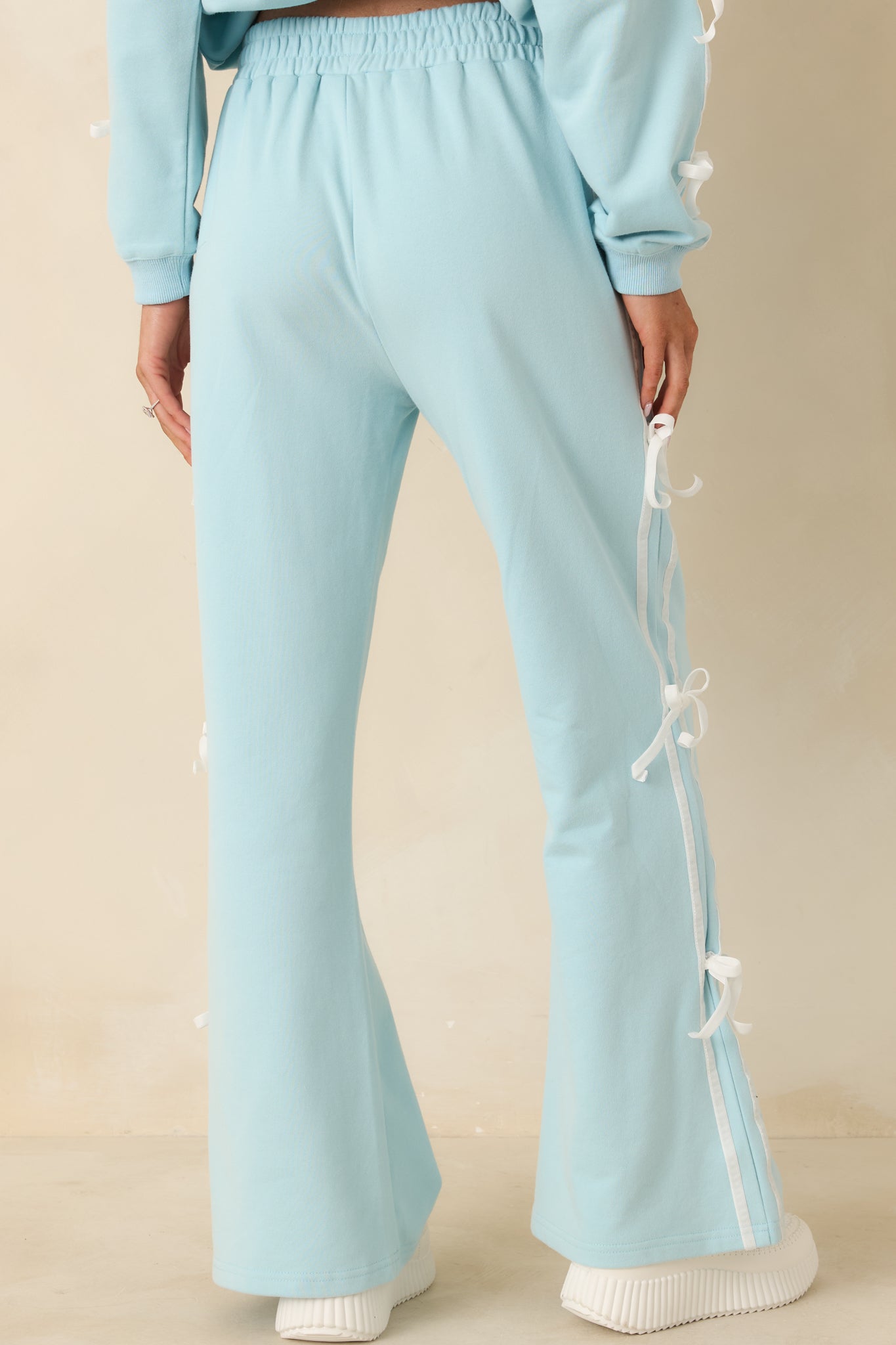 Women's Fit To Be Tied Aqua Blue Tie Detail Wide Leg Sweatpants | 82% Cotton & 18% Polyester 5