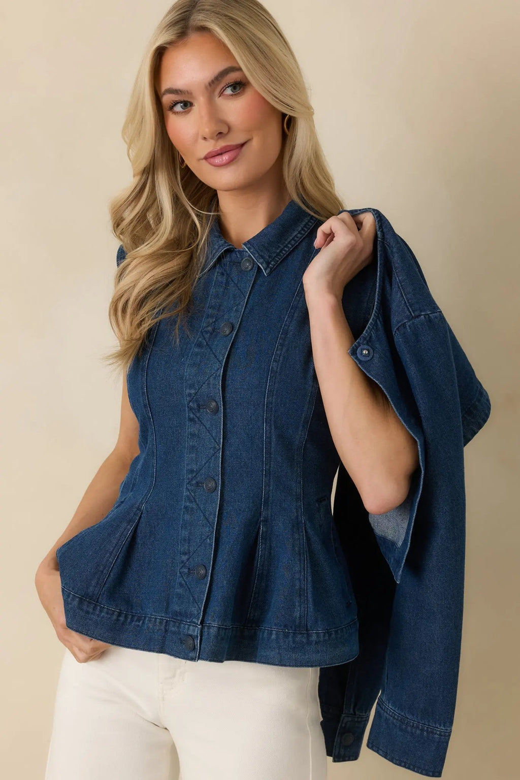 Women's Flatter Me Dark Wash Cotton Denim Peplum Top & Cropped Jacket Set | 90% Cotton & 10% Polyester 1