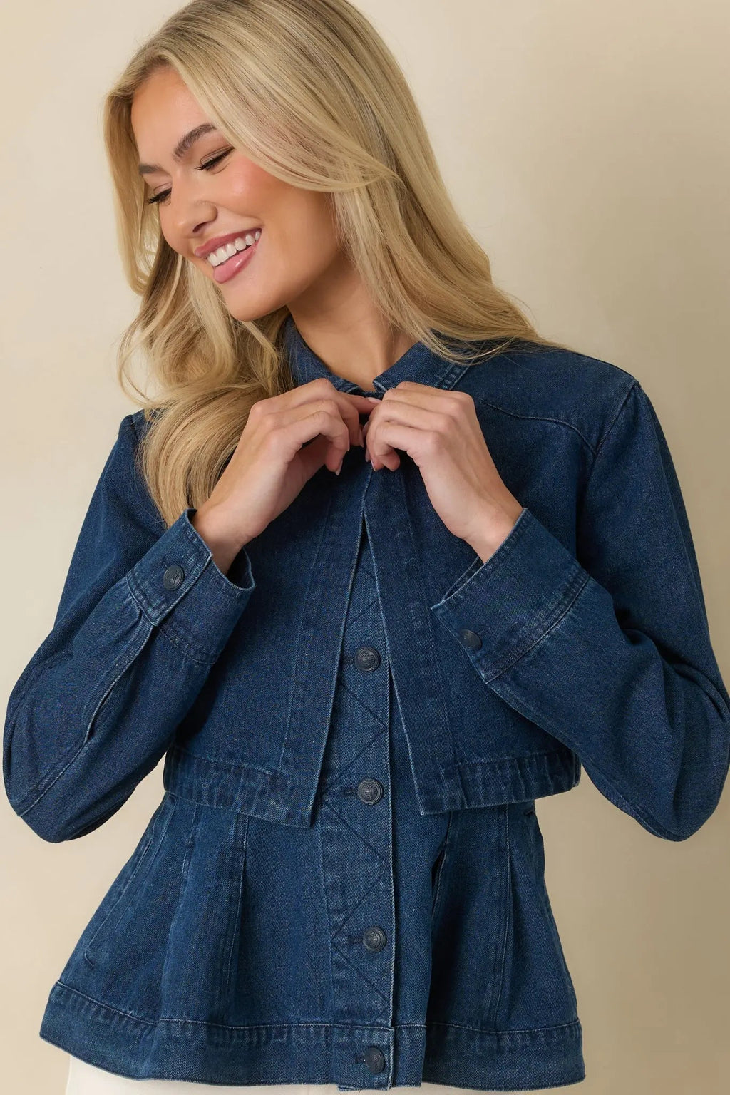 Women's Flatter Me Dark Wash Cotton Denim Peplum Top & Cropped Jacket Set | 90% Cotton & 10% Polyester 2