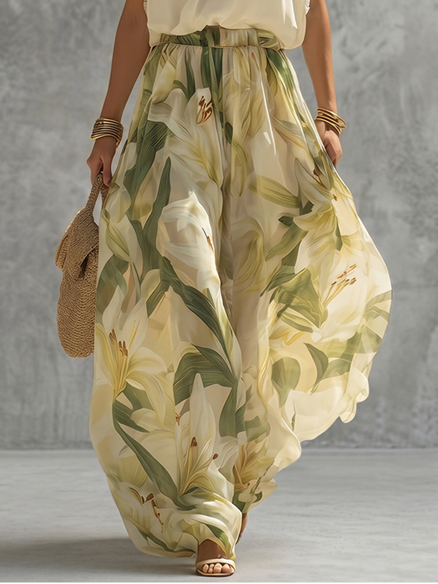 Floral Print Wide Leg Pants for Women with High Waist Design | Comfortable Cotton-Blend Fabric for Effortless Style