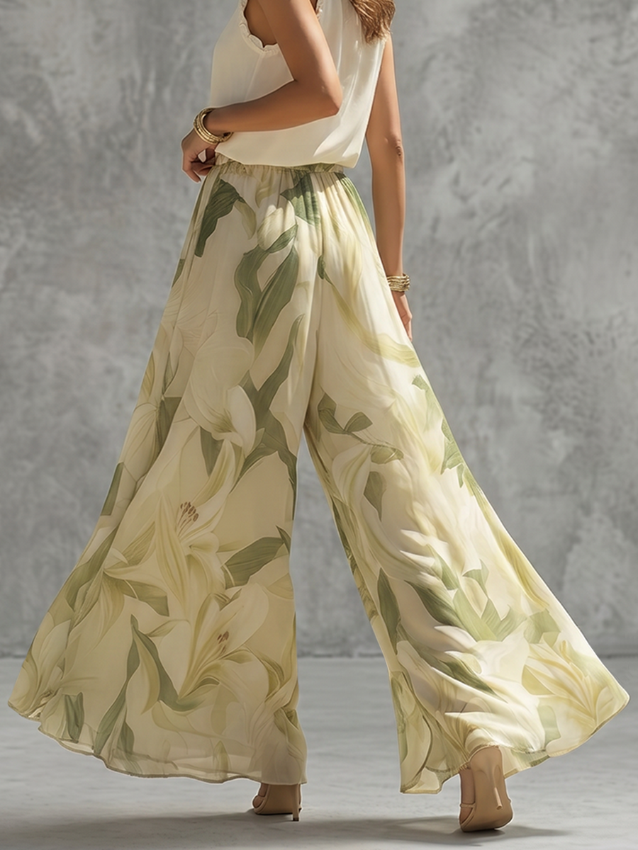 Floral Print Wide Leg Pants for Women with High Waist Design | Comfortable Cotton-Blend Fabric for Effortless Style