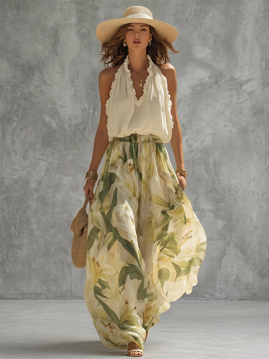 Floral Print Wide Leg Pants for Women with High Waist Design | Comfortable Cotton-Blend Fabric for Effortless Style