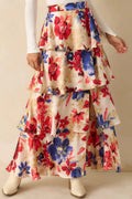Women's Flourish and Flow Ivory & Red Multi Floral Print Tiered Maxi Skirt | 100% Polyester 0