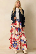 Women's Flourish and Flow Ivory & Red Multi Floral Print Tiered Maxi Skirt | 100% Polyester 1