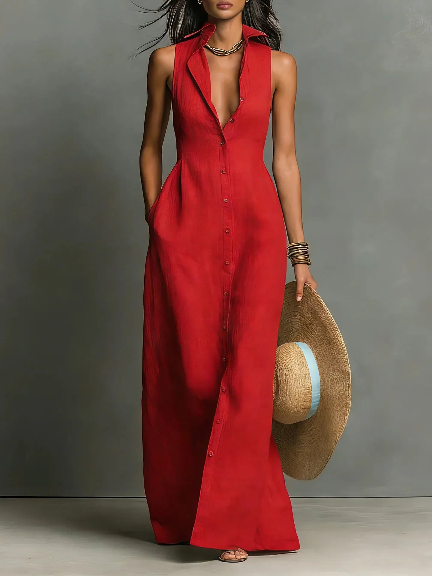 Women's Maxi Dress with Button Down Design – Elegant Sleeveless...