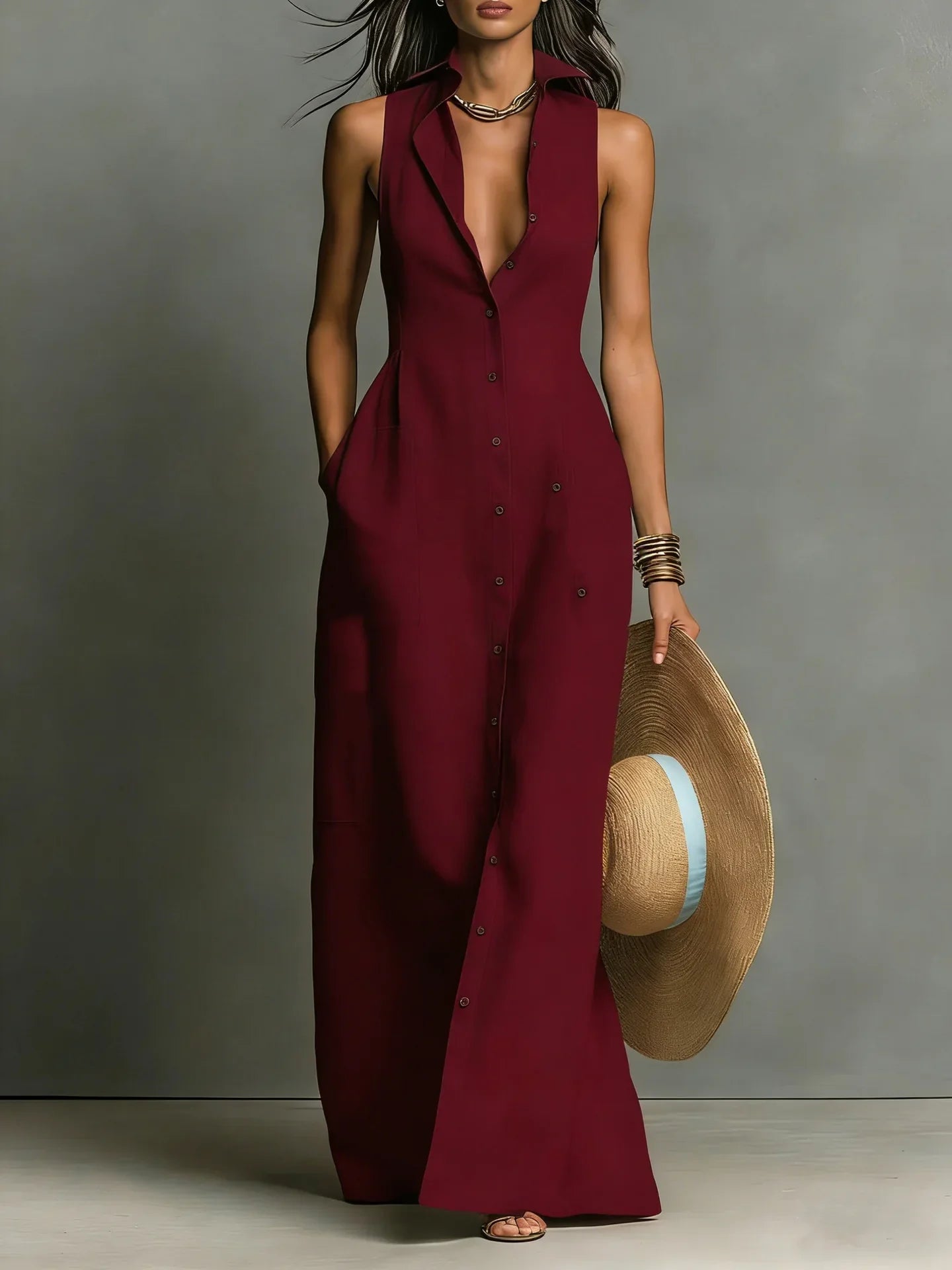 Women's Maxi Dress with Button Down Design – Elegant Sleeveless...