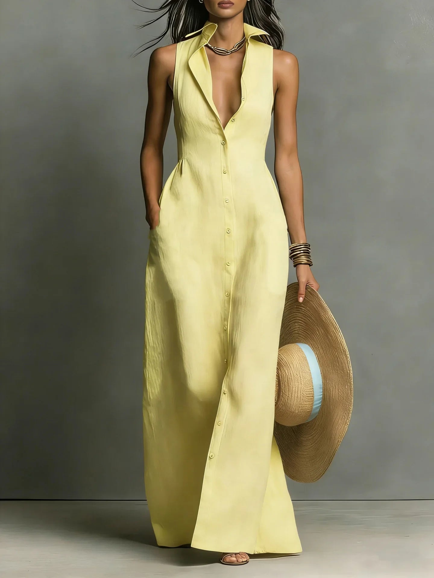 Women's Maxi Dress with Button Down Design – Elegant Sleeveless...