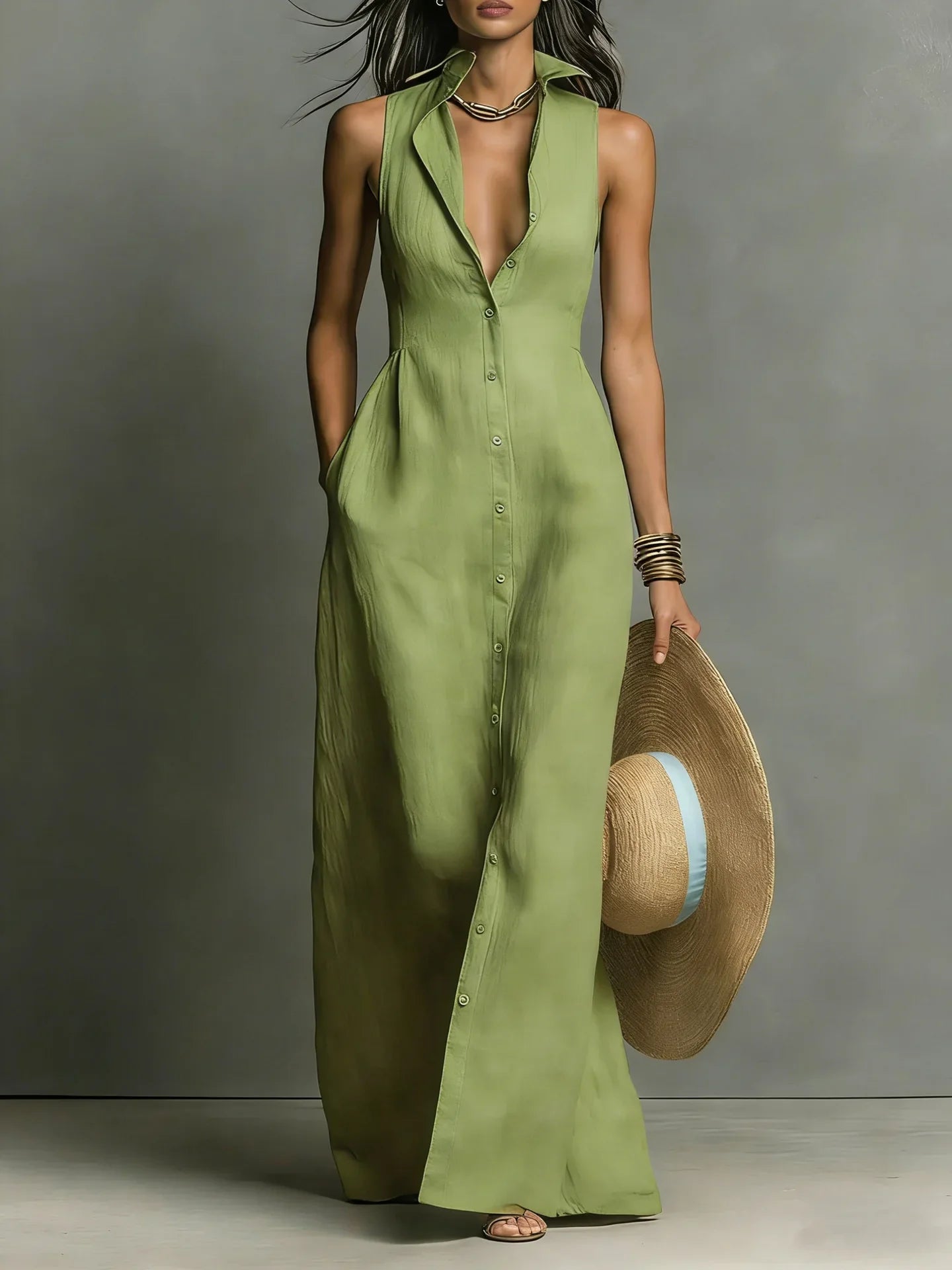 Women's Maxi Dress with Button Down Design – Elegant Sleeveless...