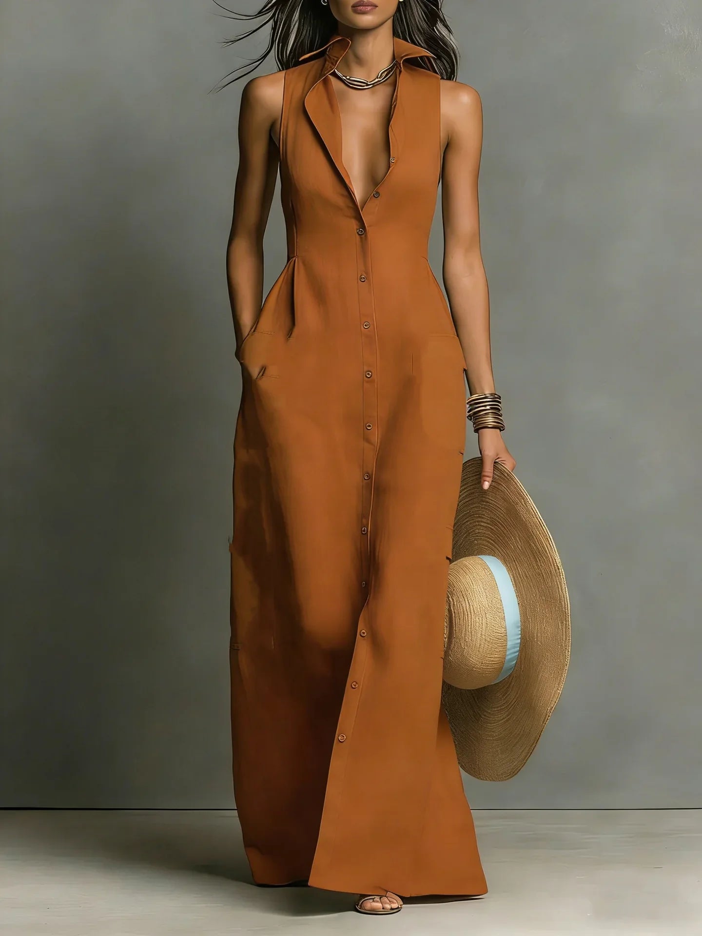 Women's Maxi Dress with Button Down Design – Elegant Sleeveless...