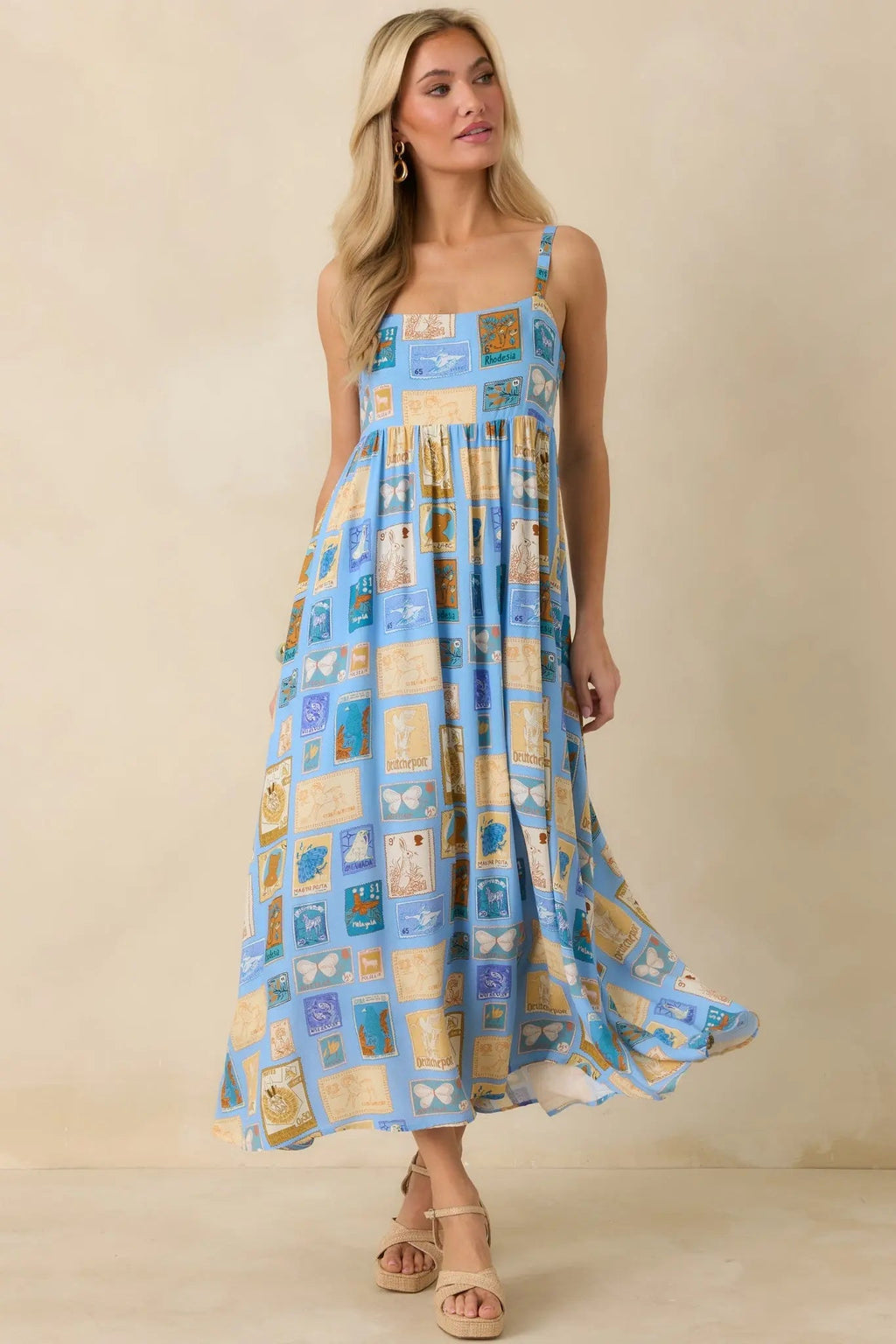Women's From Far & Away Blue Multi Vintage Stamp Print Midi Dress | 100% Rayon 0