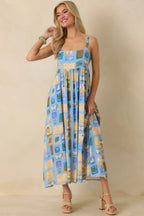 Women's From Far & Away Blue Multi Vintage Stamp Print Midi Dress | 100% Rayon 1