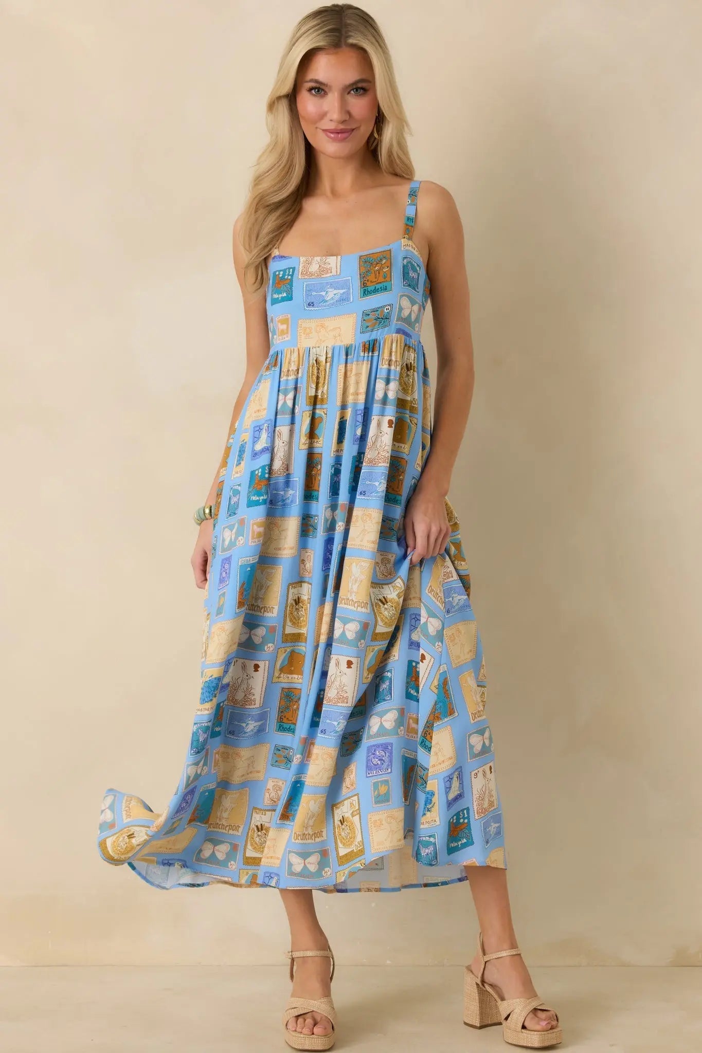 Women's From Far & Away Blue Multi Vintage Stamp Print Midi Dress | 100% Rayon 3