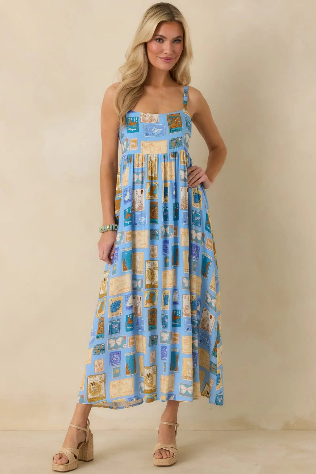 Women's From Far & Away Blue Multi Vintage Stamp Print Midi Dress | 100% Rayon 4