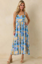Women's From Far & Away Blue Multi Vintage Stamp Print Midi Dress | 100% Rayon 4
