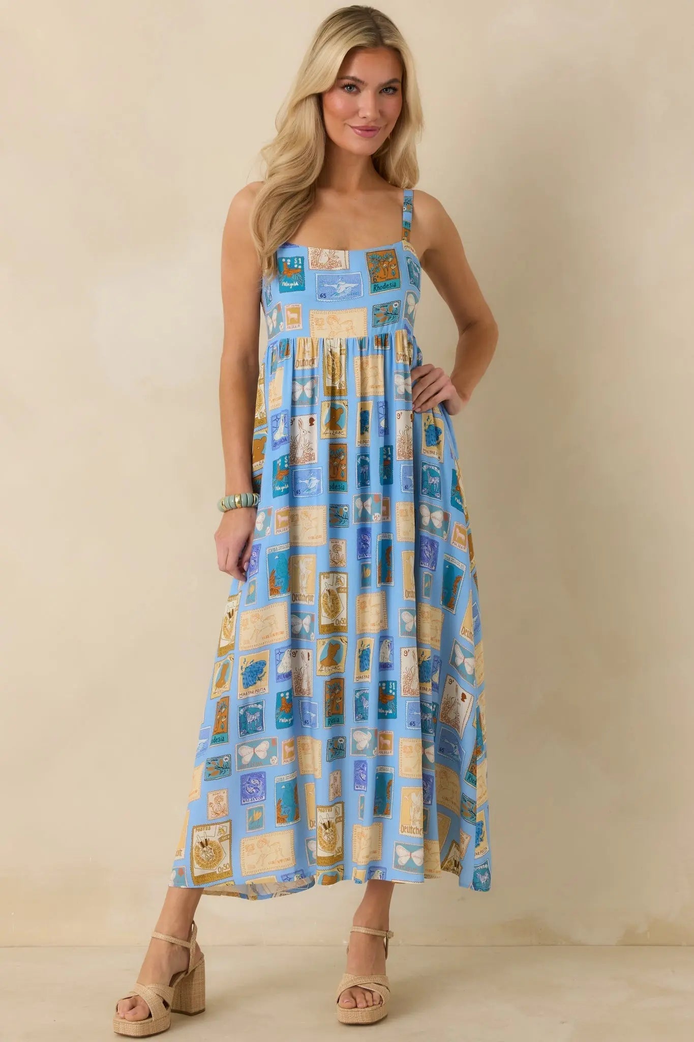 Women's From Far & Away Blue Multi Vintage Stamp Print Midi Dress | 100% Rayon 4