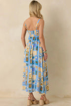 Women's From Far & Away Blue Multi Vintage Stamp Print Midi Dress | 100% Rayon 5