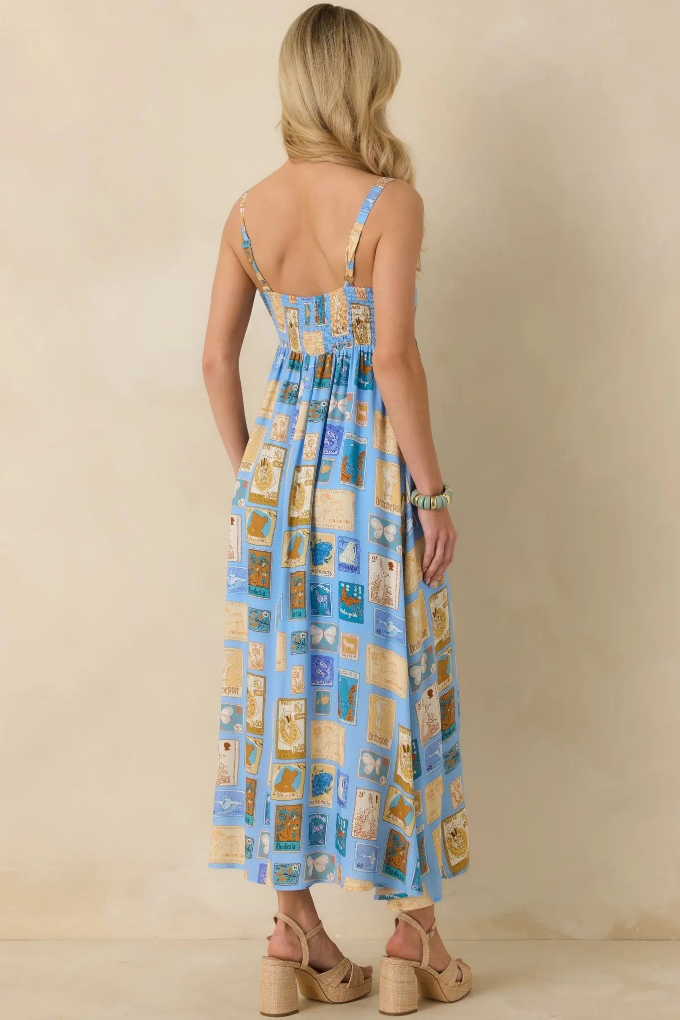 Women's From Far & Away Blue Multi Vintage Stamp Print Midi Dress | 100% Rayon 5
