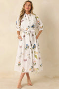 Women's Garden Afternoon Ivory Multi Cotton Floral Print Button Front Belt Tie Midi Dress | 100% Cotton 0