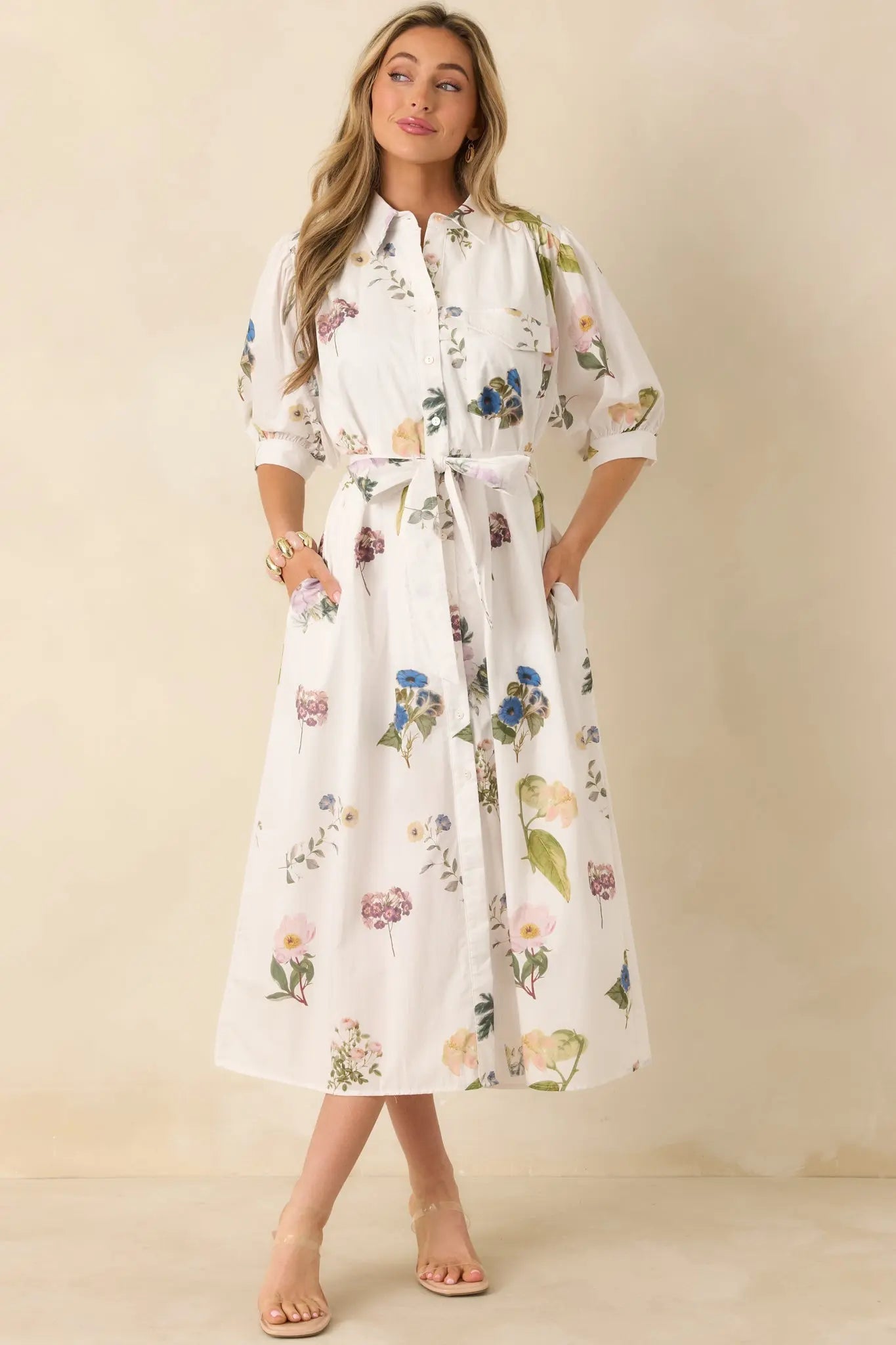 Women's Garden Afternoon Ivory Multi Cotton Floral Print Button Front Belt Tie Midi Dress | 100% Cotton 0