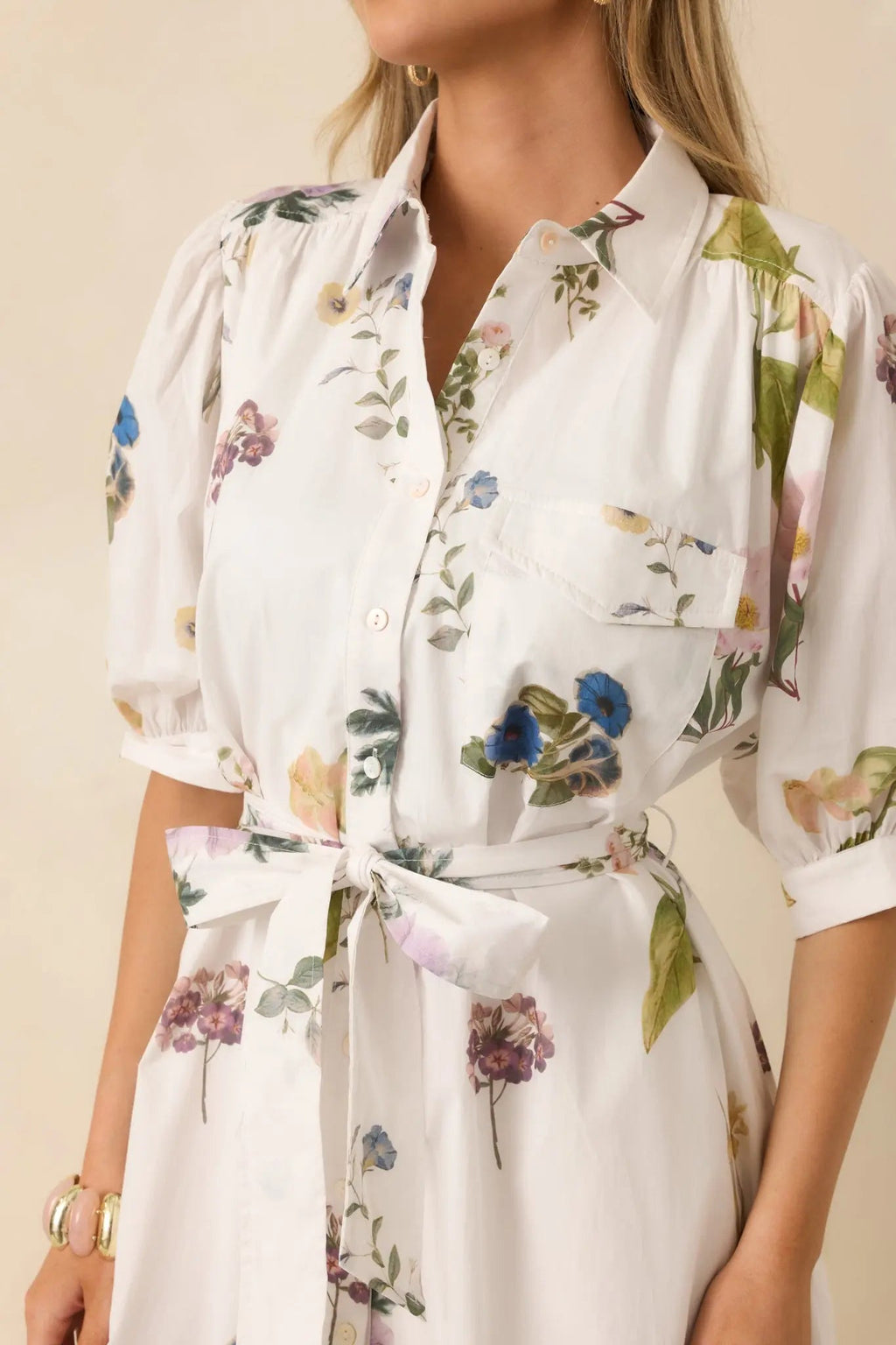 Women's Garden Afternoon Ivory Multi Cotton Floral Print Button Front Belt Tie Midi Dress | 100% Cotton 1