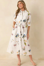 Women's Garden Afternoon Ivory Multi Cotton Floral Print Button Front Belt Tie Midi Dress | 100% Cotton 2