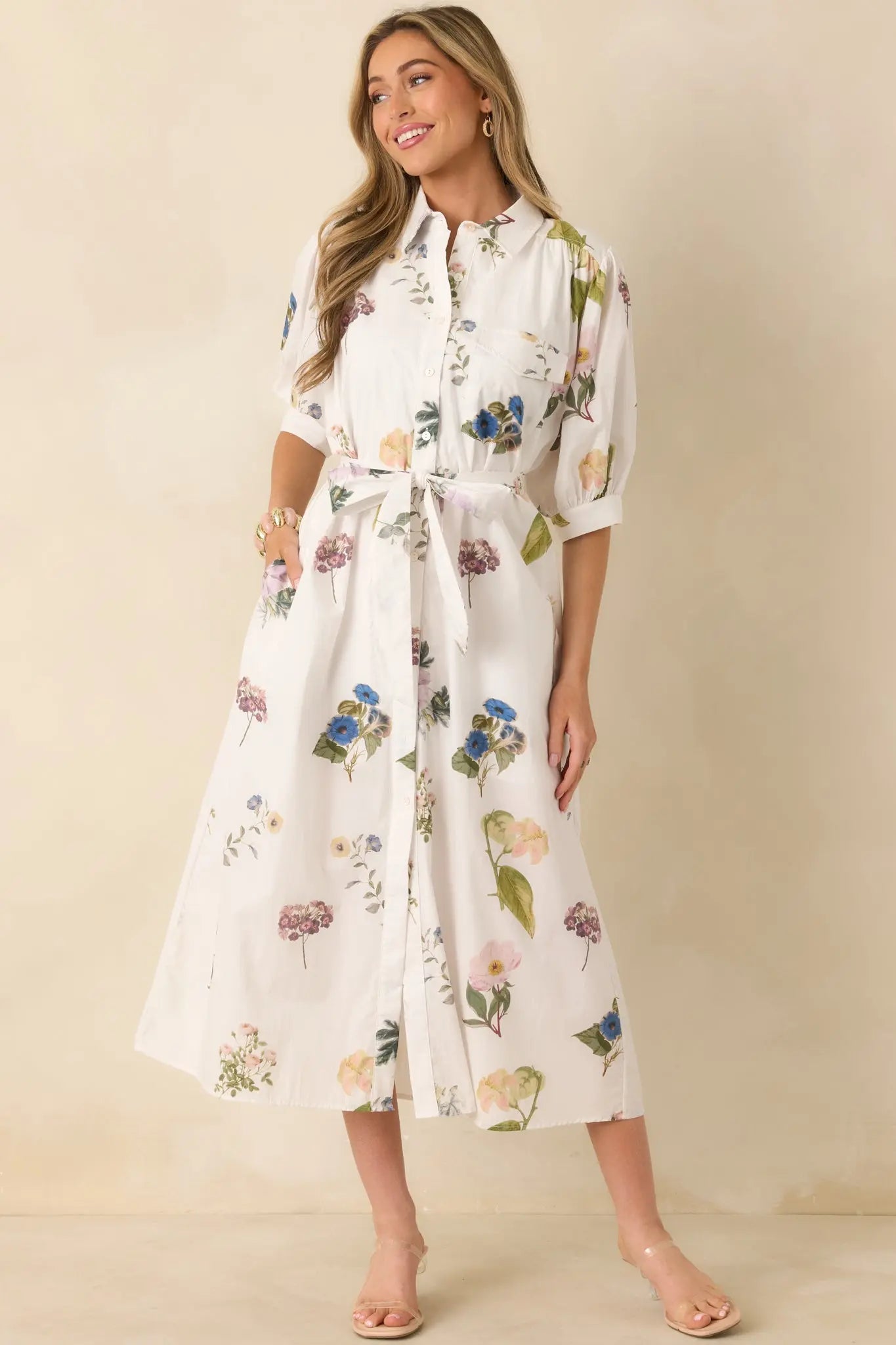 Women's Garden Afternoon Ivory Multi Cotton Floral Print Button Front Belt Tie Midi Dress | 100% Cotton 2