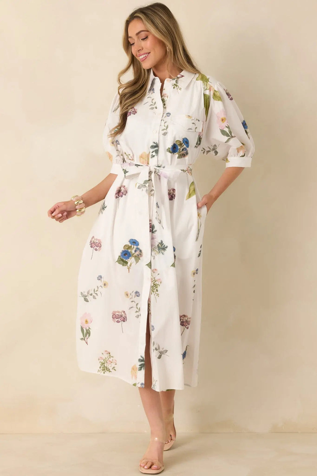Women's Garden Afternoon Ivory Multi Cotton Floral Print Button Front Belt Tie Midi Dress | 100% Cotton 3