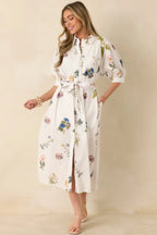 Women's Garden Afternoon Ivory Multi Cotton Floral Print Button Front Belt Tie Midi Dress | 100% Cotton 3