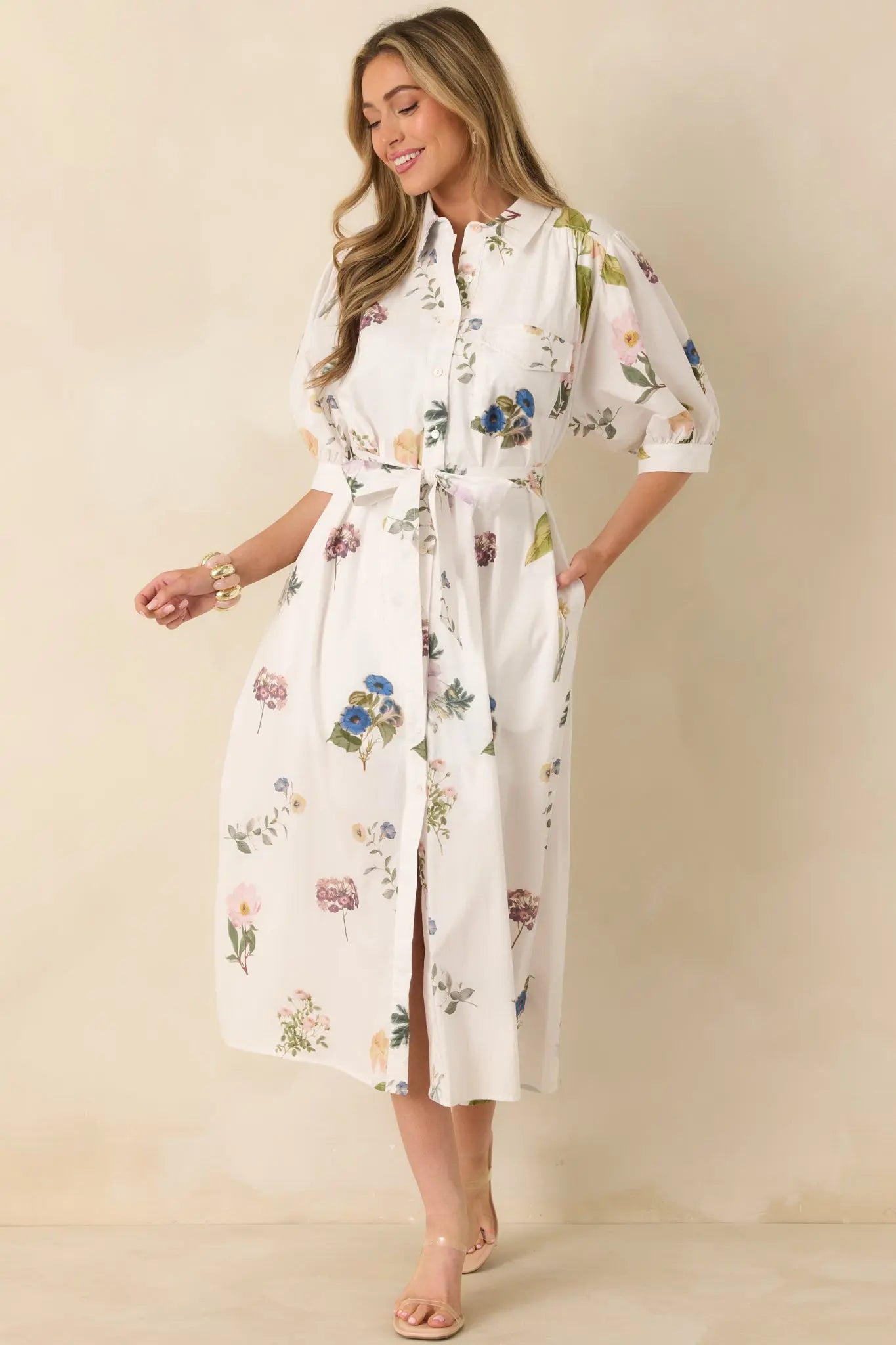 Women's Garden Afternoon Ivory Multi Cotton Floral Print Button Front Belt Tie Midi Dress | 100% Cotton 3