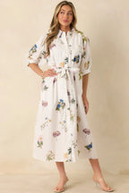 Women's Garden Afternoon Ivory Multi Cotton Floral Print Button Front Belt Tie Midi Dress | 100% Cotton 4