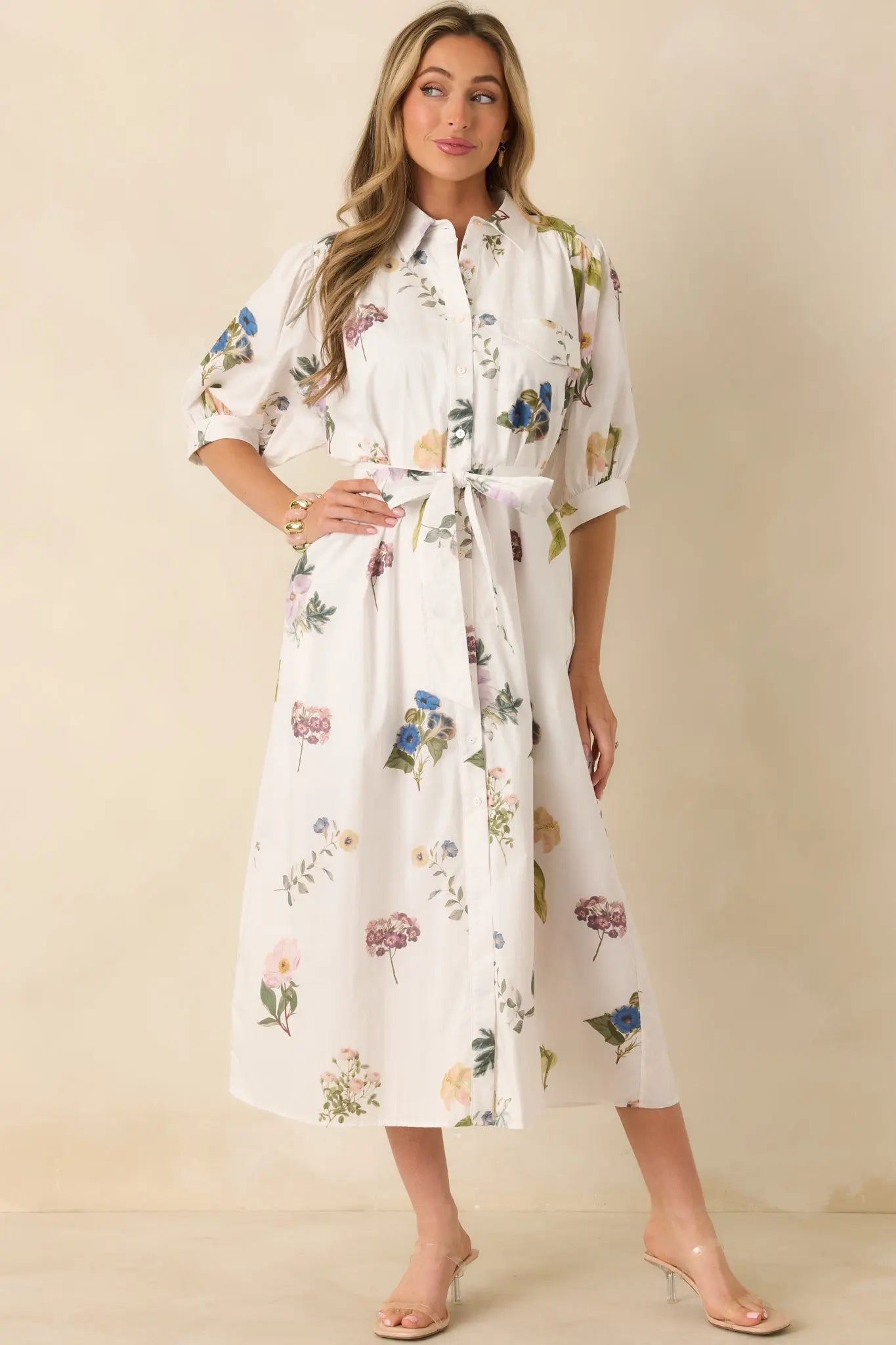 Women's Garden Afternoon Ivory Multi Cotton Floral Print Button Front Belt Tie Midi Dress | 100% Cotton 4
