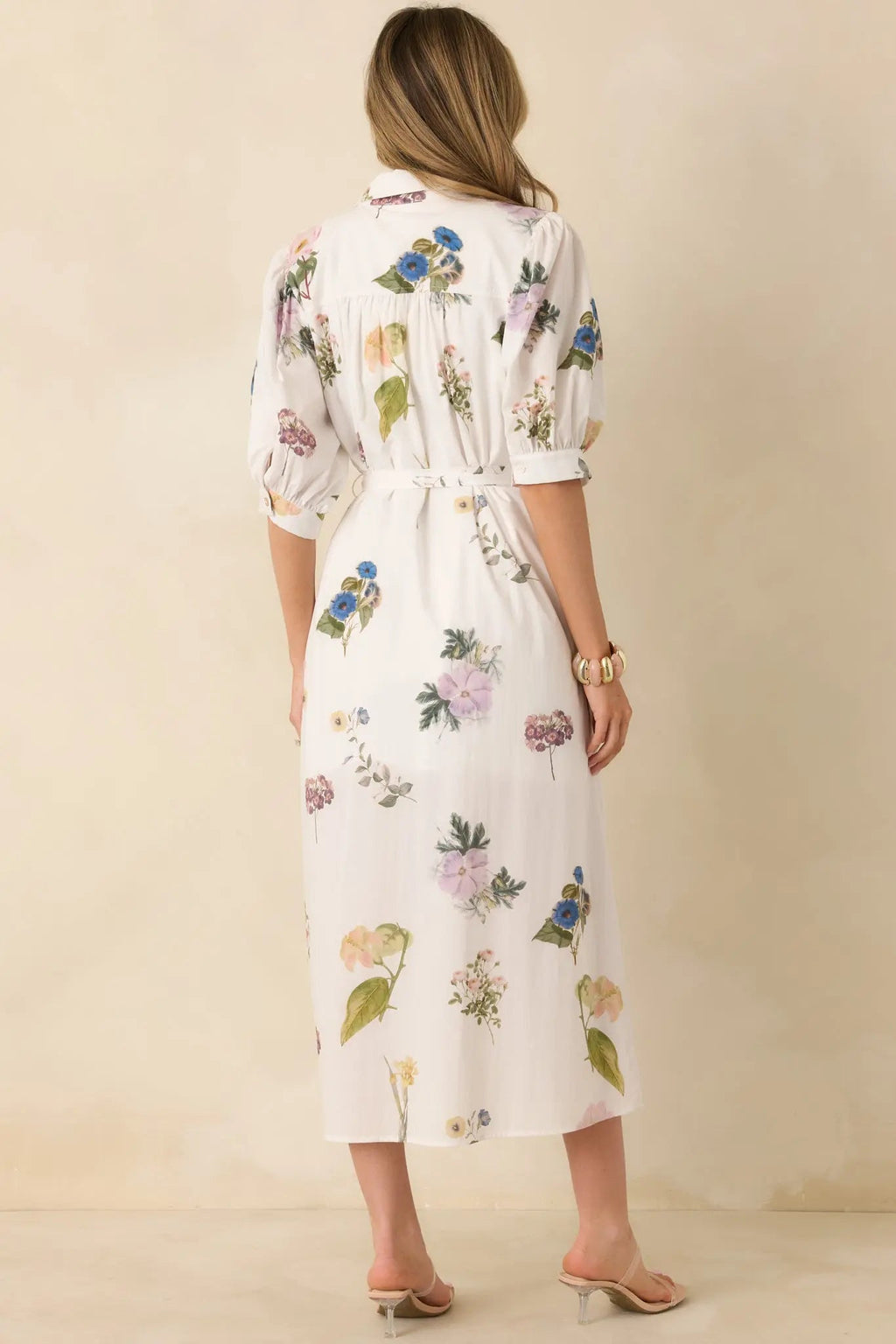 Women's Garden Afternoon Ivory Multi Cotton Floral Print Button Front Belt Tie Midi Dress | 100% Cotton 5