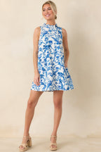 Women's Garden Song Blue & White Bird Print Sleeveless Mock Neck Mini Dress | 96% Polyester & 4% Spandex 4