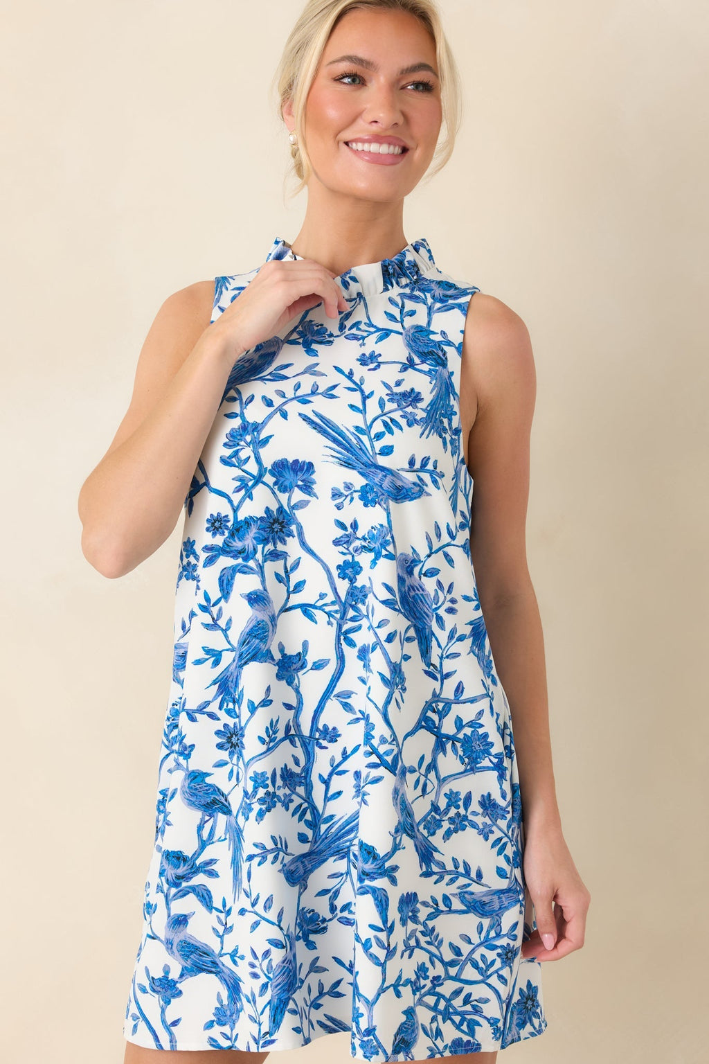 Women's Garden Song Blue & White Bird Print Sleeveless Mock Neck Mini Dress | 96% Polyester & 4% Spandex 5