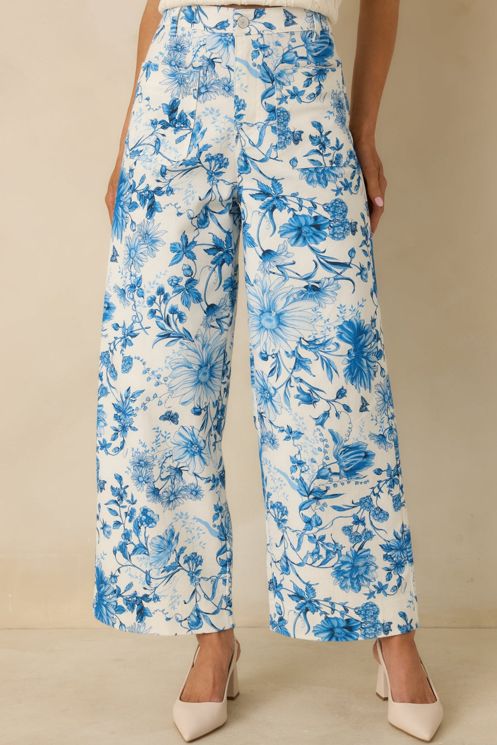 Women's Grow Your Own Way Blue Floral Print Cotton Wide Leg Pants | 95% Cotton & 5% Spandex 2