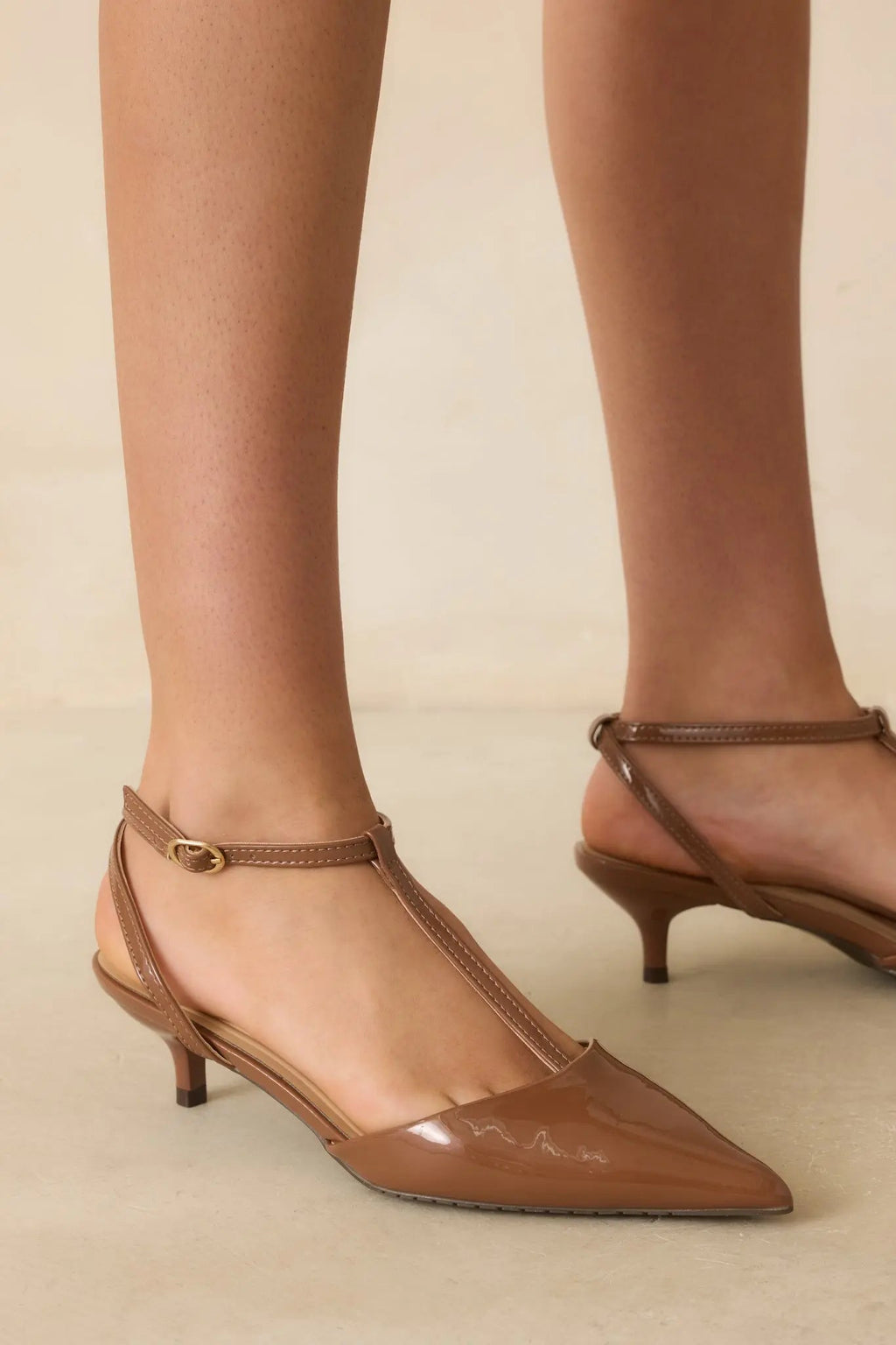 Women's Had To Be There Mocha Brown Patent Faux Leather T-Strap Heels | Heel measures 2" 1