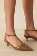 Women's Had To Be There Mocha Brown Patent Faux Leather T-Strap Heels | Heel measures 2" 1
