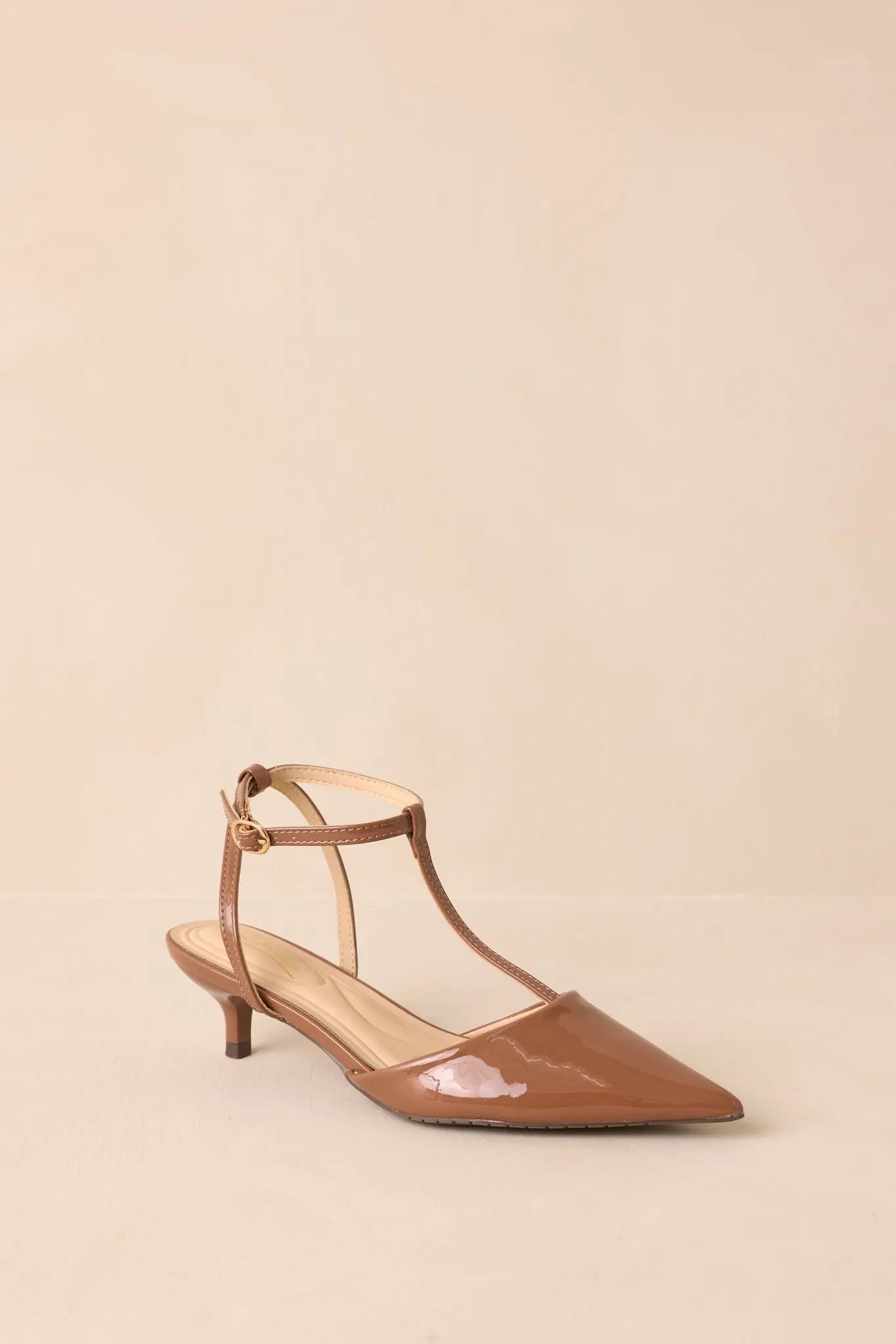Women's Had To Be There Mocha Brown Patent Faux Leather T-Strap Heels | Heel measures 2" 3