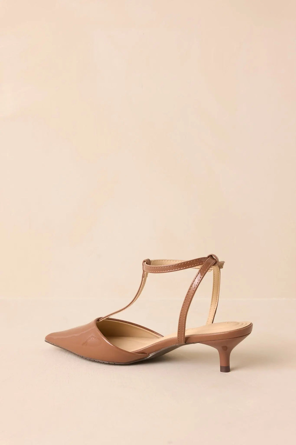 Women's Had To Be There Mocha Brown Patent Faux Leather T-Strap Heels | Heel measures 2" 4