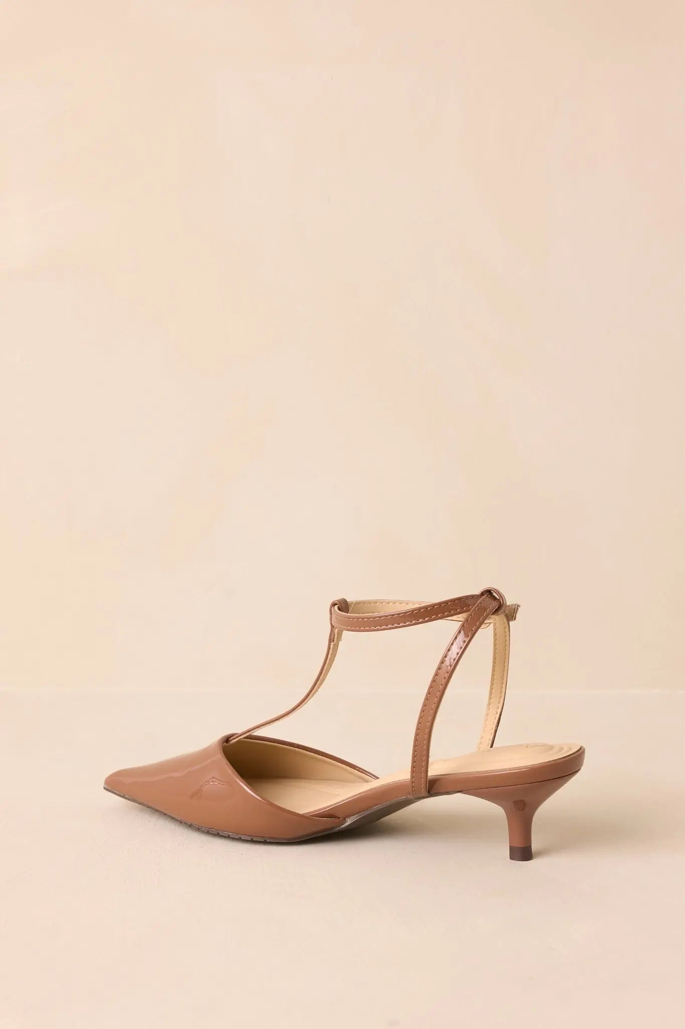 Women's Had To Be There Mocha Brown Patent Faux Leather T-Strap Heels | Heel measures 2" 4