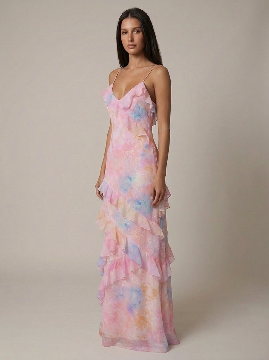 Pink floral maxi dress detail