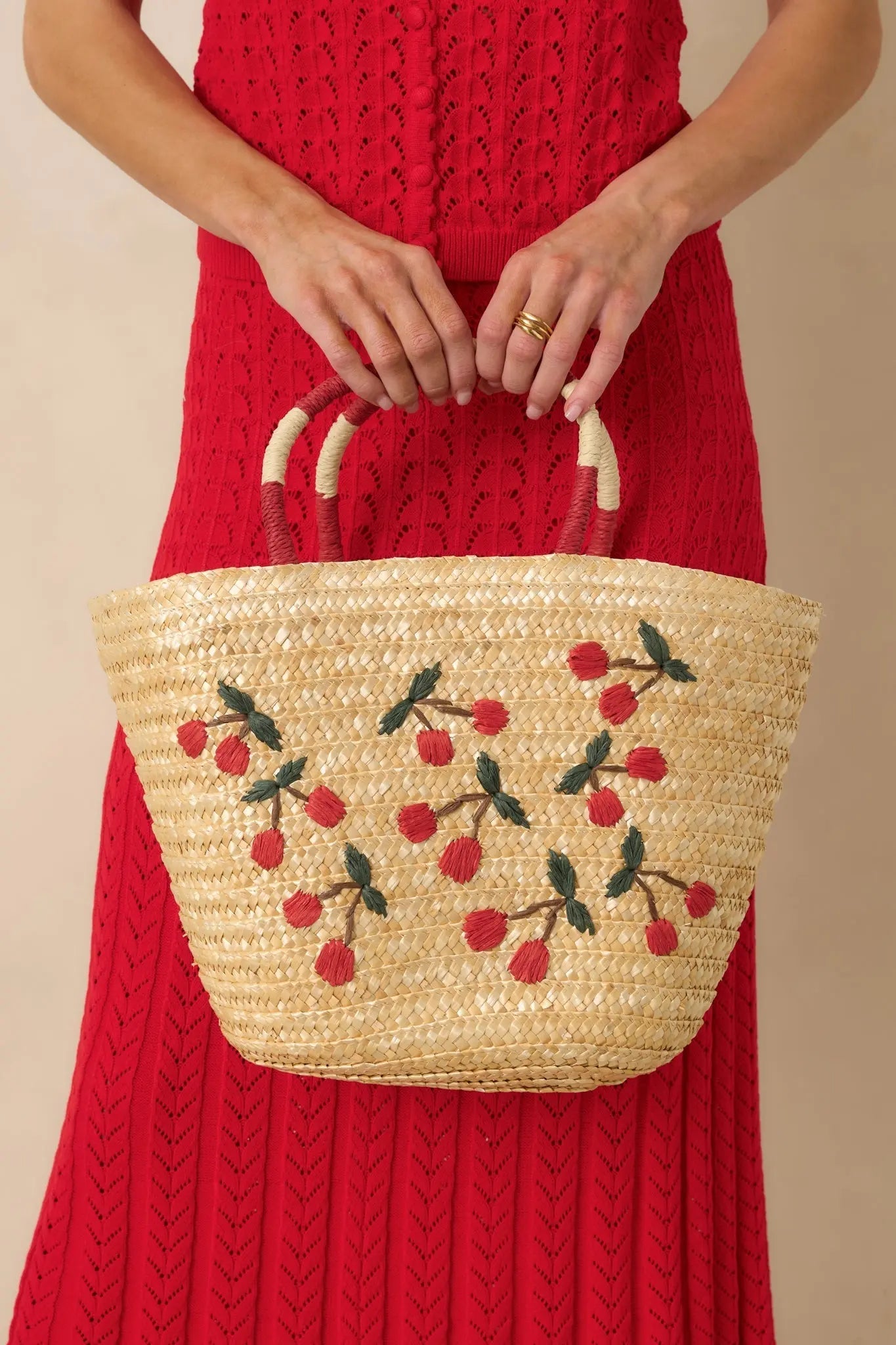 Women's Happened So Sweetly Natural Woven Cherry Embroidered Tote Bag | This Bag Measures 13" in Length 1