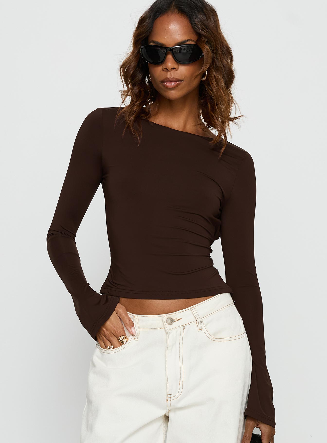 Harpur | Long Sleeve Backless Top in Chocolate with Adjustable Tie | Flared Sleeves for Comfort and Style