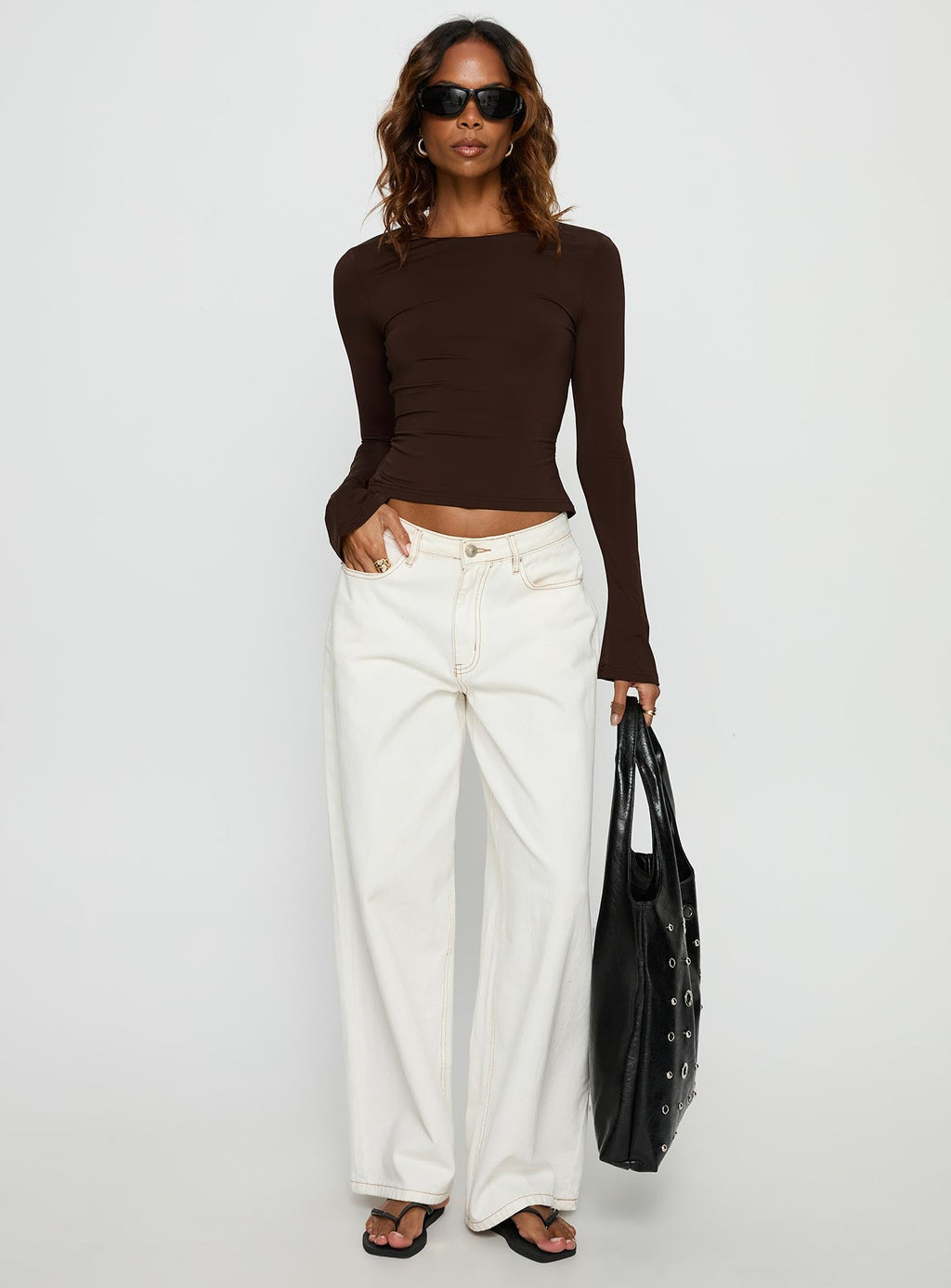 Harpur | Long Sleeve Backless Top in Chocolate with Adjustable Tie | Flared Sleeves for Comfort and Style