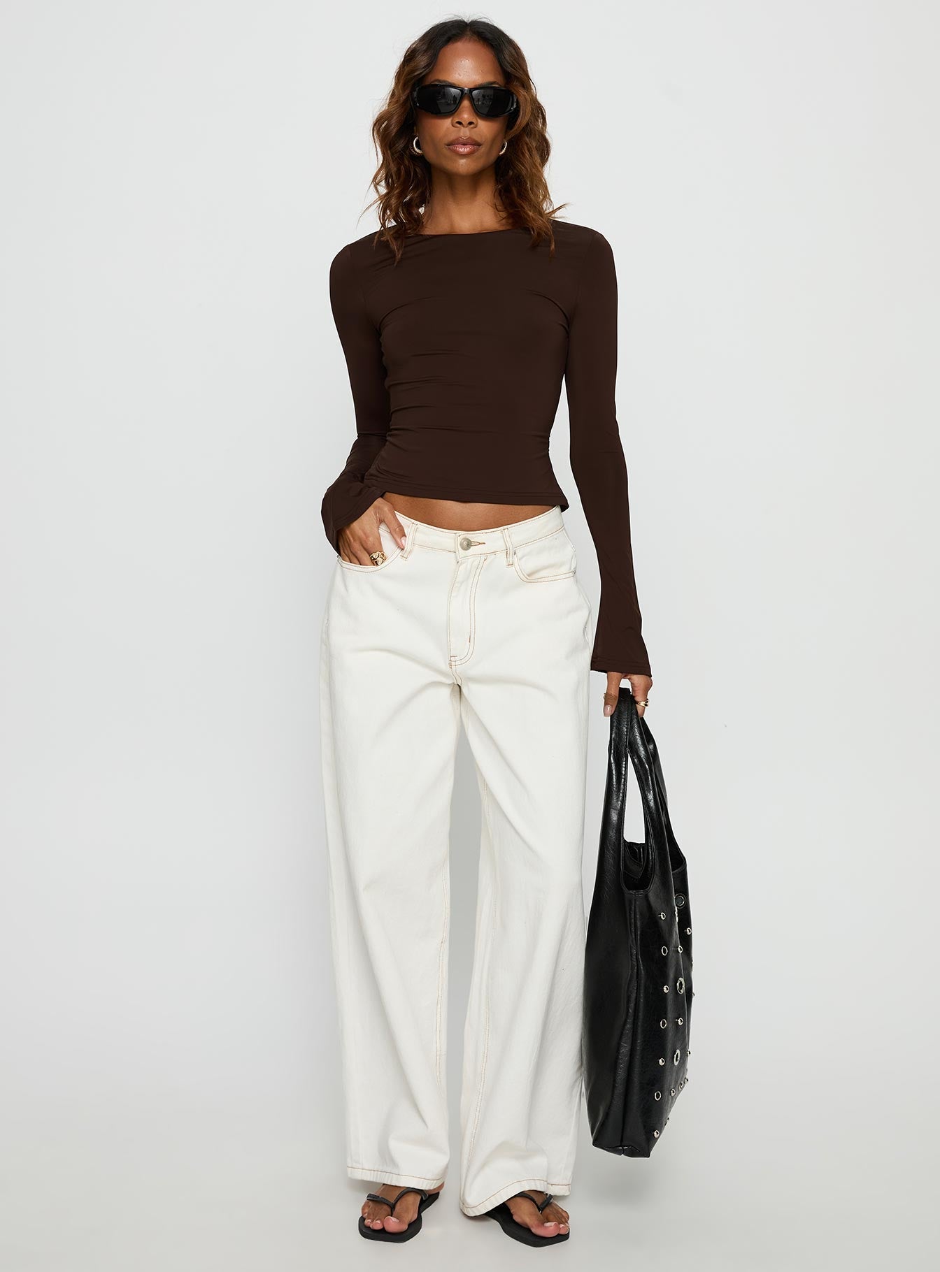 Harpur | Long Sleeve Backless Top in Chocolate with Adjustable Tie | Flared Sleeves for Comfort and Style