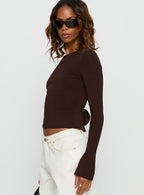 Harpur | Long Sleeve Backless Top in Chocolate with Adjustable Tie | Flared Sleeves for Comfort and Style